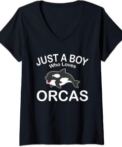 Womens Just A Boy Who Loves Orcas Funny Killer Whales Sea Costume V-Neck T-Shirt