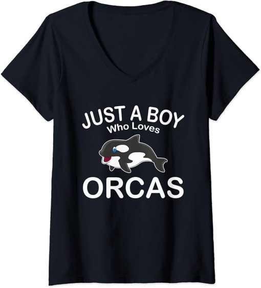 Womens Just A Boy Who Loves Orcas Funny Killer Whales Sea Costume V-Neck T-Shirt