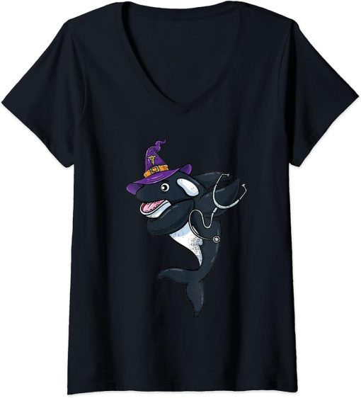 Womens Dabbing Orca Halloween Nurse Vintage V-Neck T-Shirt