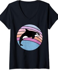 Womens Orca Retro Whale Beach Sunset Vintage V-Neck T-Shirt