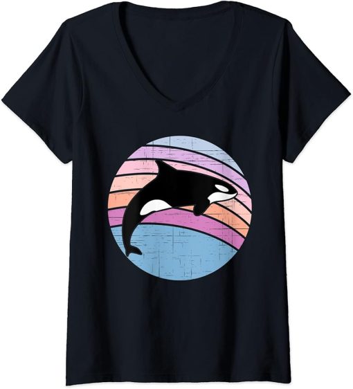 Womens Orca Retro Whale Beach Sunset Vintage V-Neck T-Shirt